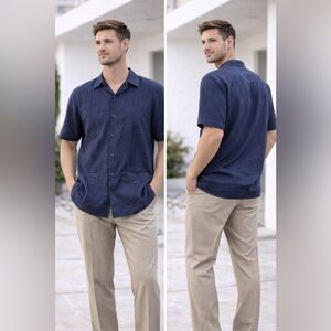 Renato Angi Men's Navy Casual Button Down Cuban Shirt 100% linen